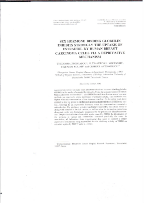Sex Hormone Binding Globulin Inhibits Strongly The Uptake Of Estradiol By Human Breast Carcinoma Cells via a Deprivative Mechanism
