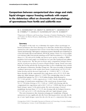 Comparison between computerized slow-stage and staticliquid nitrogen vapour freezing methods with respectto the deleterious effect on chromatin and morphologyof spermatozoa from fertile and subfertile men